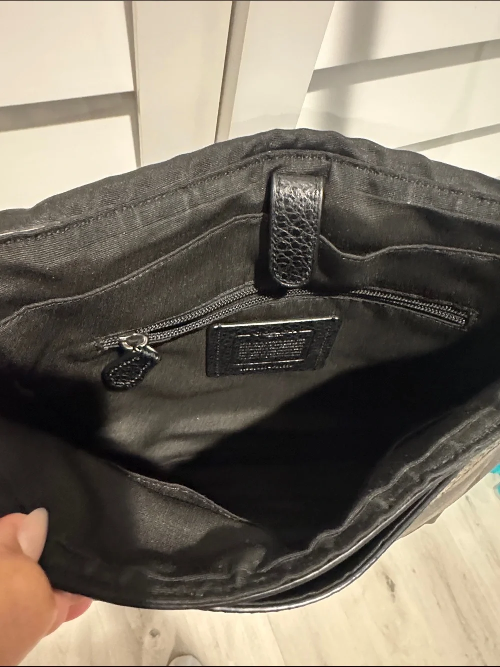 Coach Black Pebbled Leather Messenger Bag with Green Camo Panel